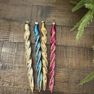 Vintage Glass Icicle Spear Swirl Glitter Christmas Ornaments Pink Blue Gold